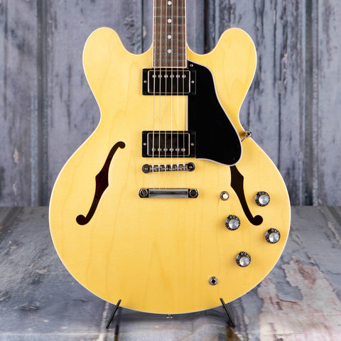 Gibson USA ES-335 Satin Semi-Hollowbody Guitar, Satin Vintage Natural, front closeup