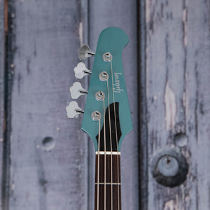 Gibson USA Non-Reverse Thunderbird Electric Bass Guitar, Faded Pelham Blue, front headstock