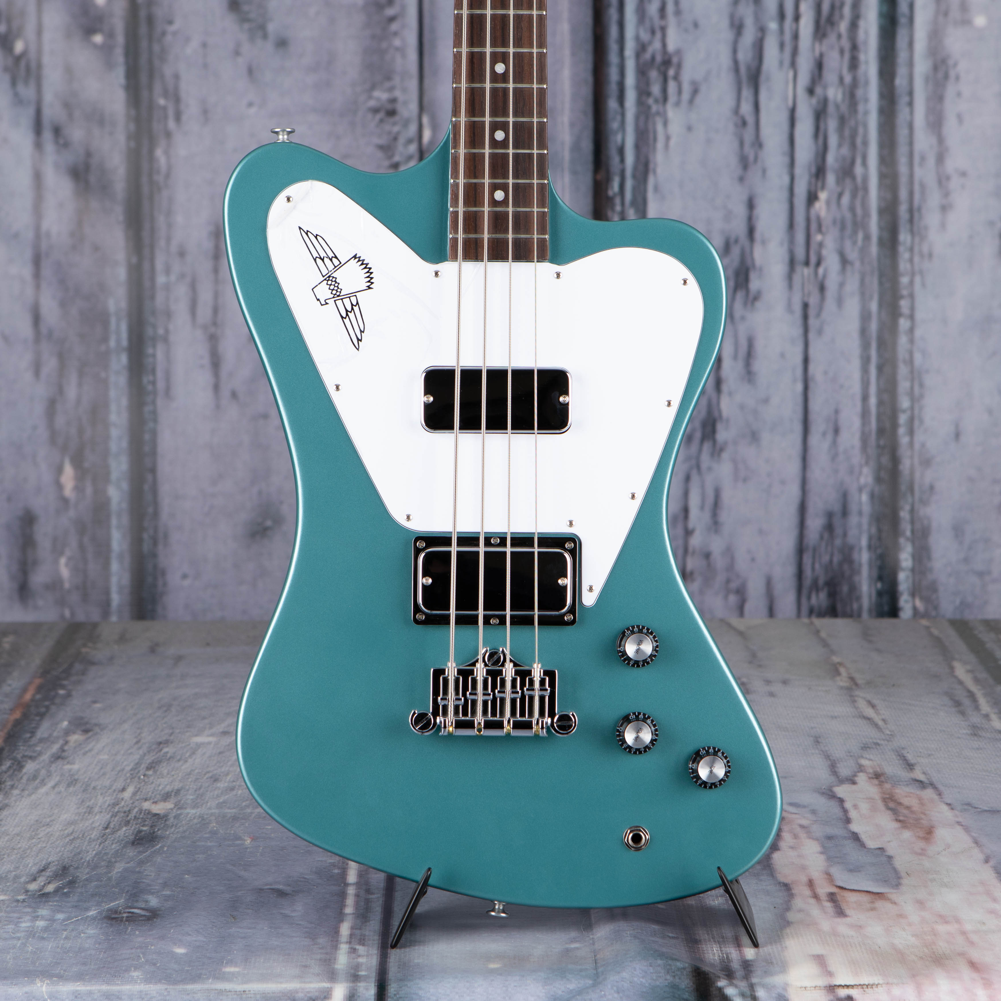 Gibson USA Non-Reverse Thunderbird Electric Bass Guitar, Faded Pelham Blue, front closeup