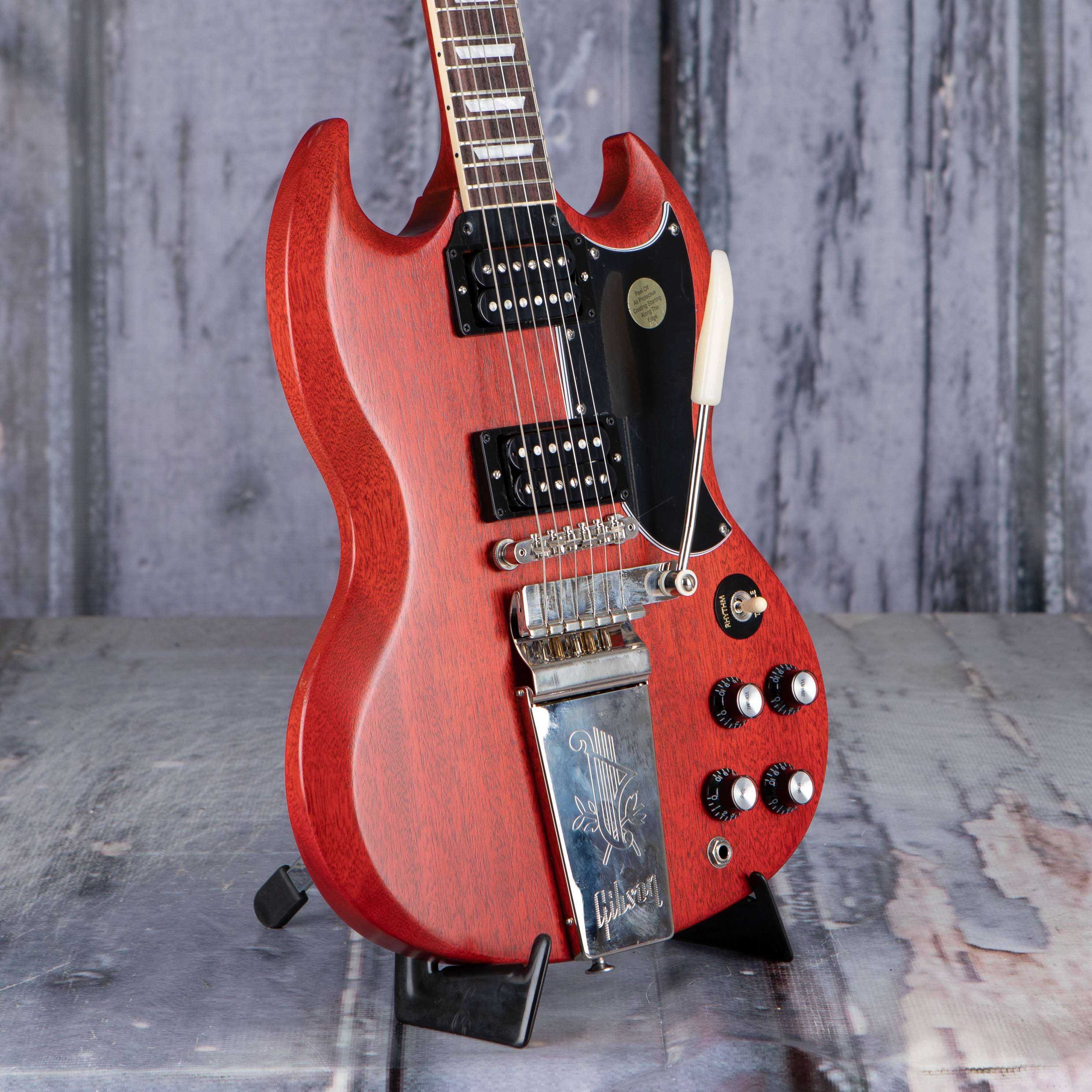 Gibson USA SG Standard '61 Maestro Vibrola Electric Guitar, Faded Vintage Cherry Satin, angle