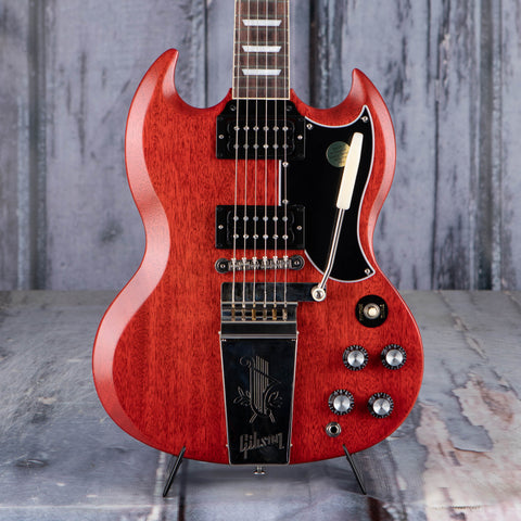 Gibson USA SG Standard '61 Maestro Vibrola Electric Guitar, Faded Vintage Cherry Satin, front closeup