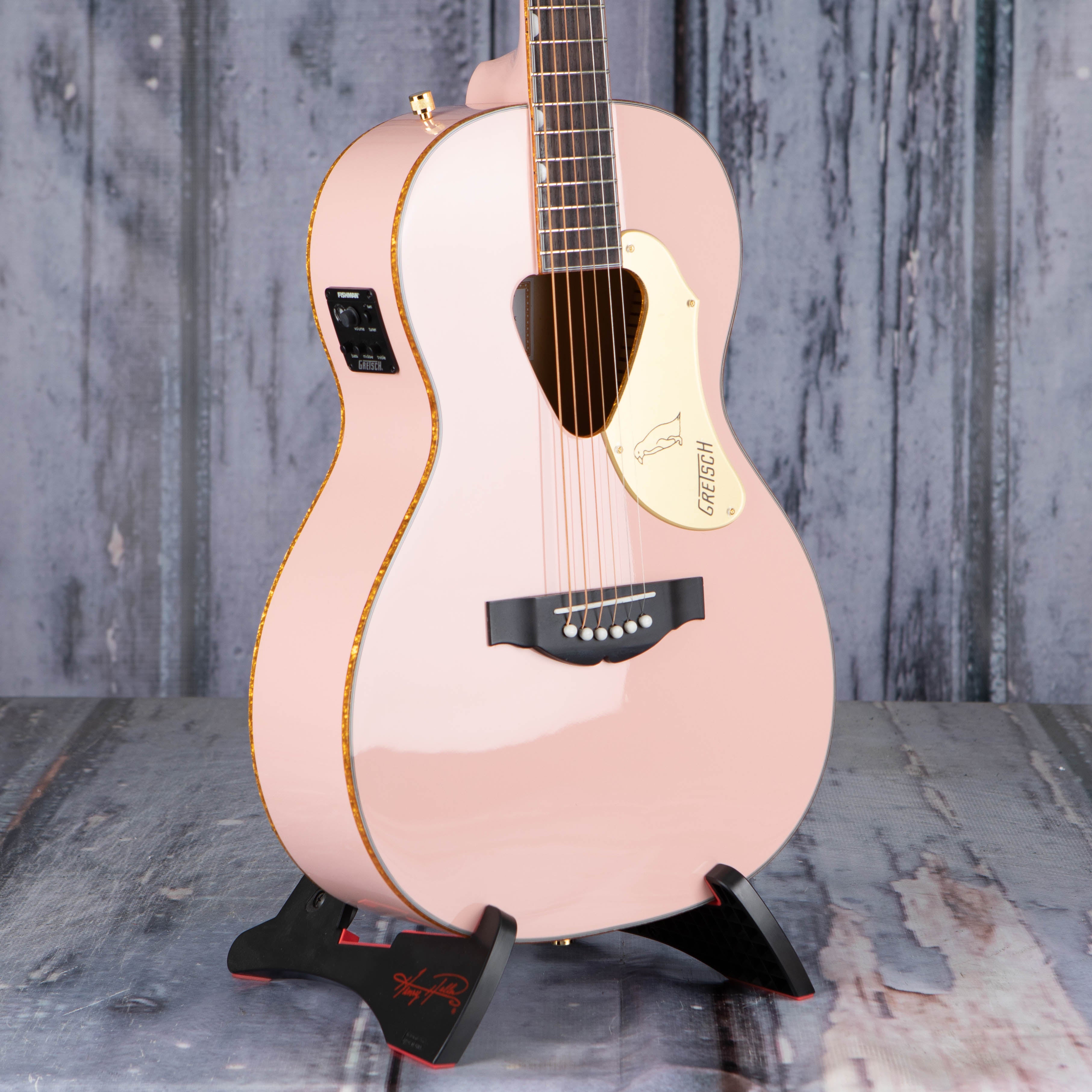 Gretsch G5021E Rancher Penguin Parlor Acoustic/Electric Guitar, Shell Pink, angle
