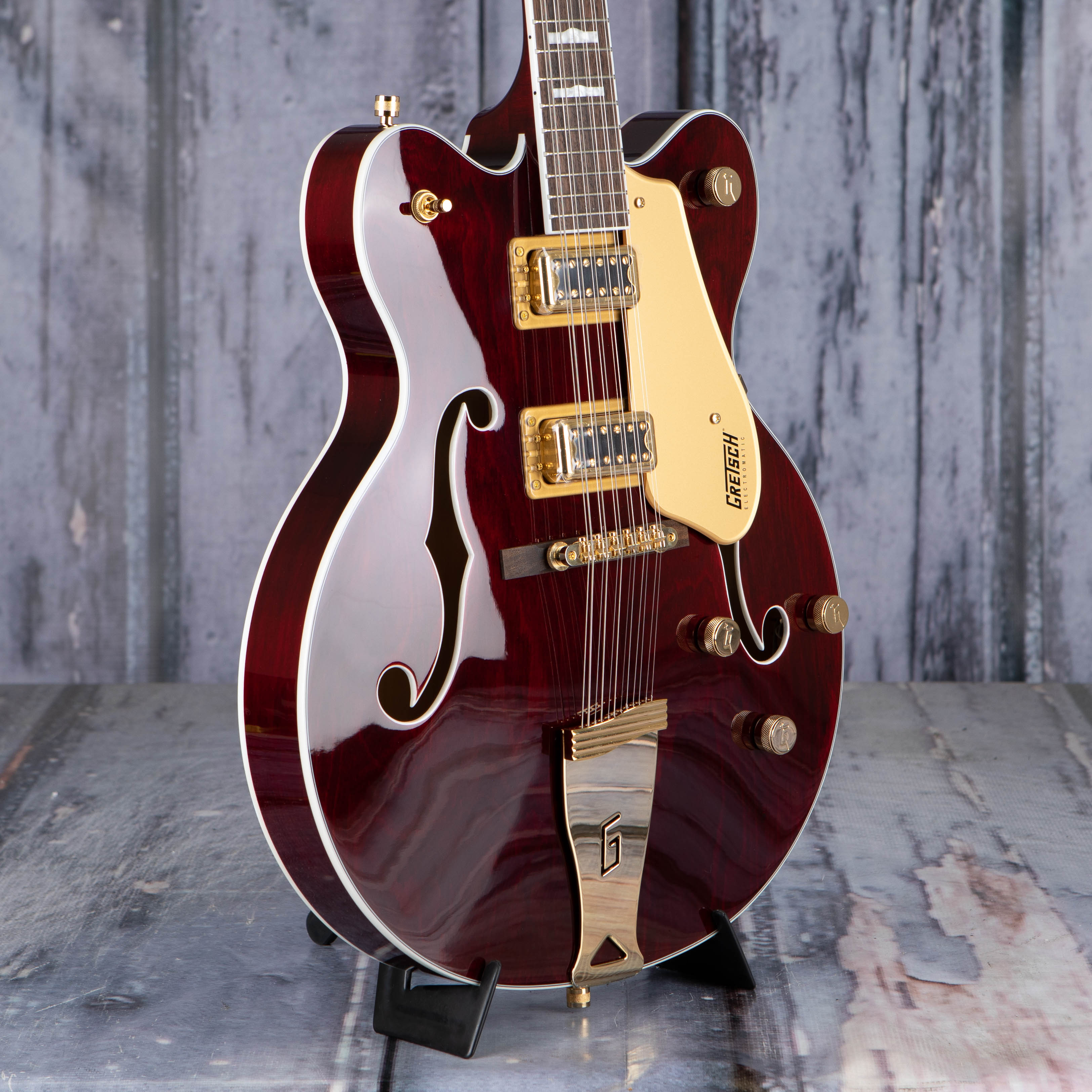 Gretsch G5422G-12 Electromatic Classic Hollowbody Double-Cut 12-String W/ Gold Hardware Electric Guitar, Walnut Stain, angle