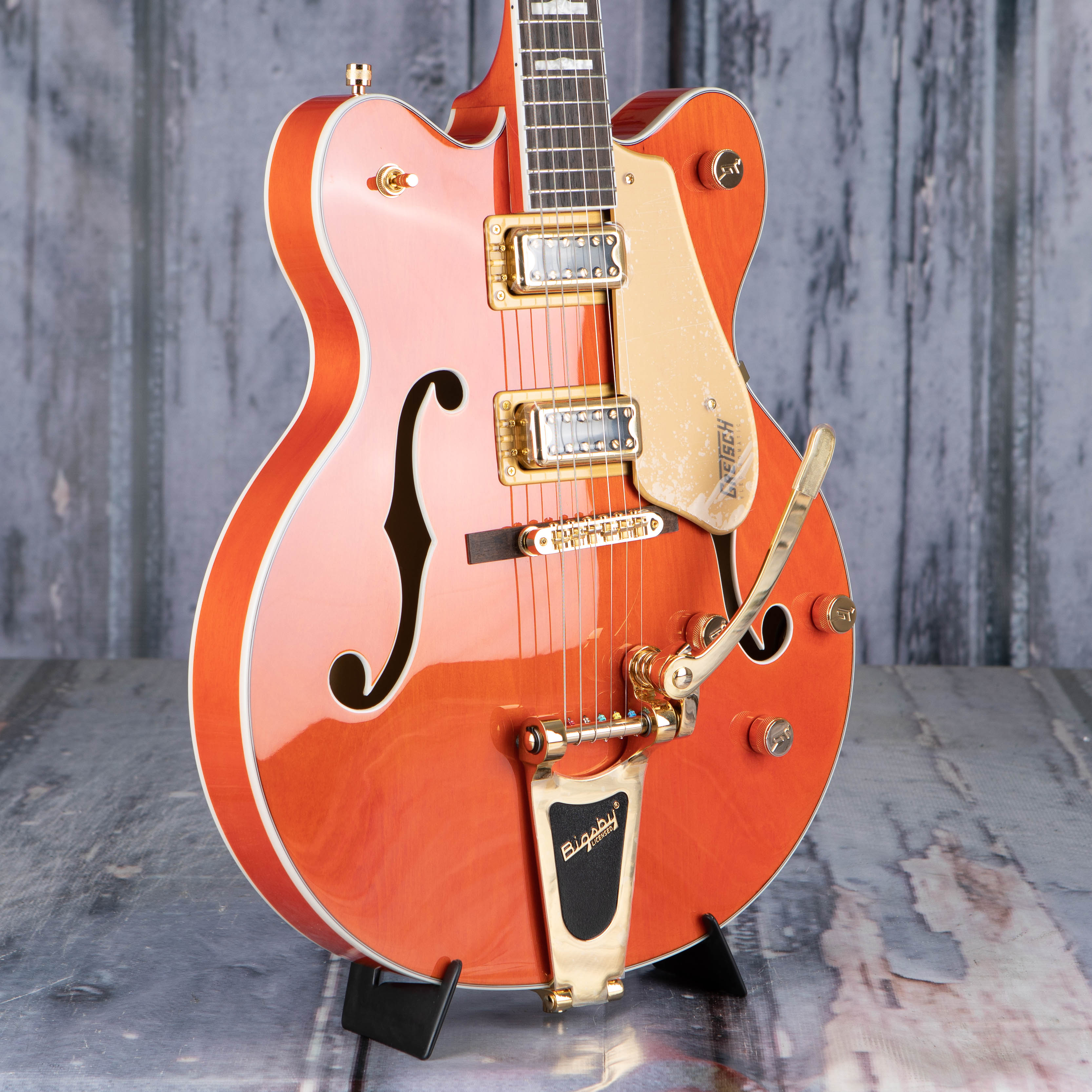 Gretsch G5422TG Electromatic Classic Hollow Body Double-Cut W/ Bigsby And Gold Hardware Electric Guitar, Orange Stain, angle