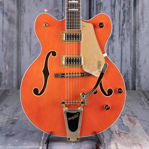 Gretsch G5422TG Electromatic Classic Hollow Body Double-Cut W/ Bigsby And Gold Hardware Electric Guitar, Orange Stain, front closeup