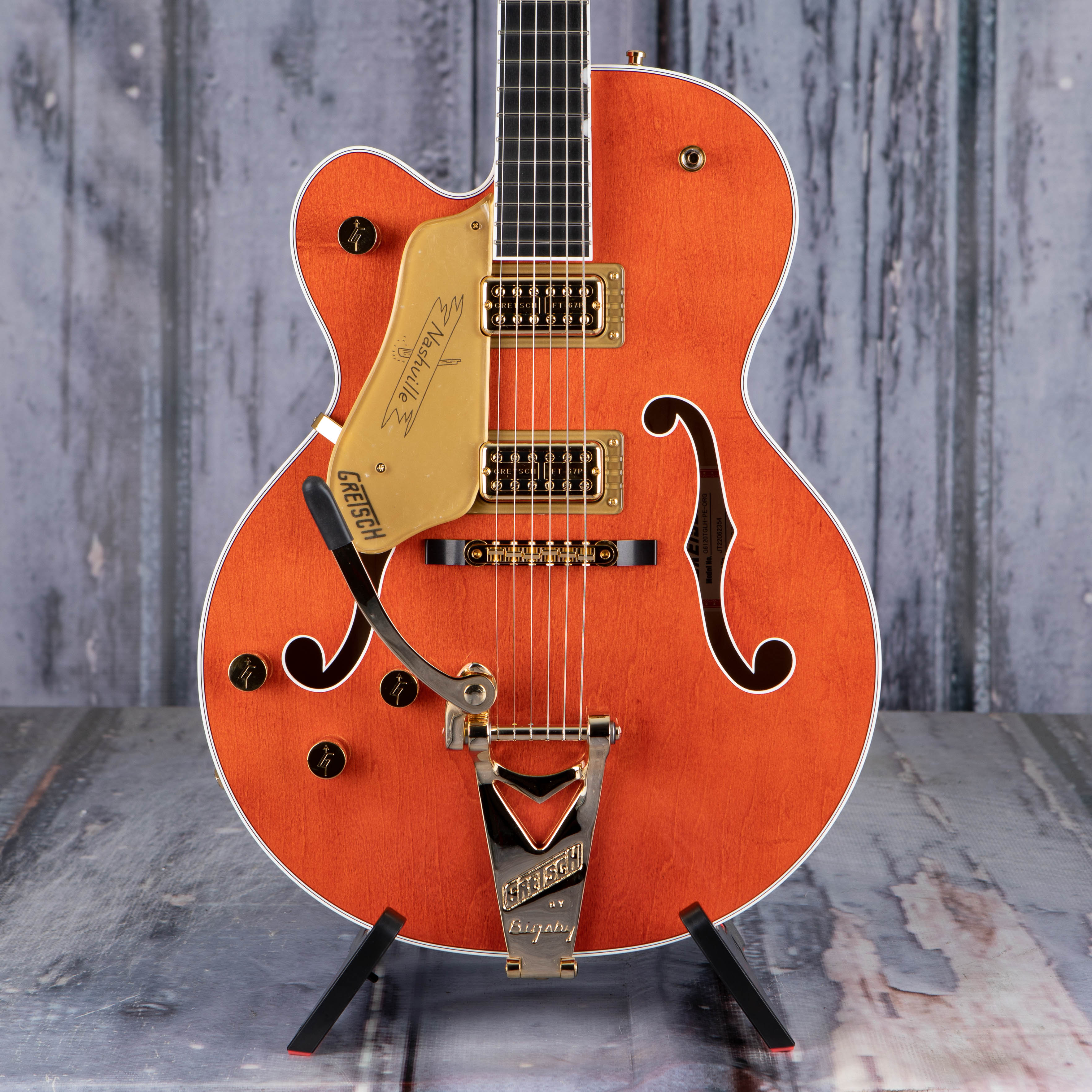 Gretsch G6120TG-LH Players Edition Nashville Hollowbody W/ String-Thru Bigsby And Gold Hardware Left-Handed Guitar, Orange Stain, front closeup