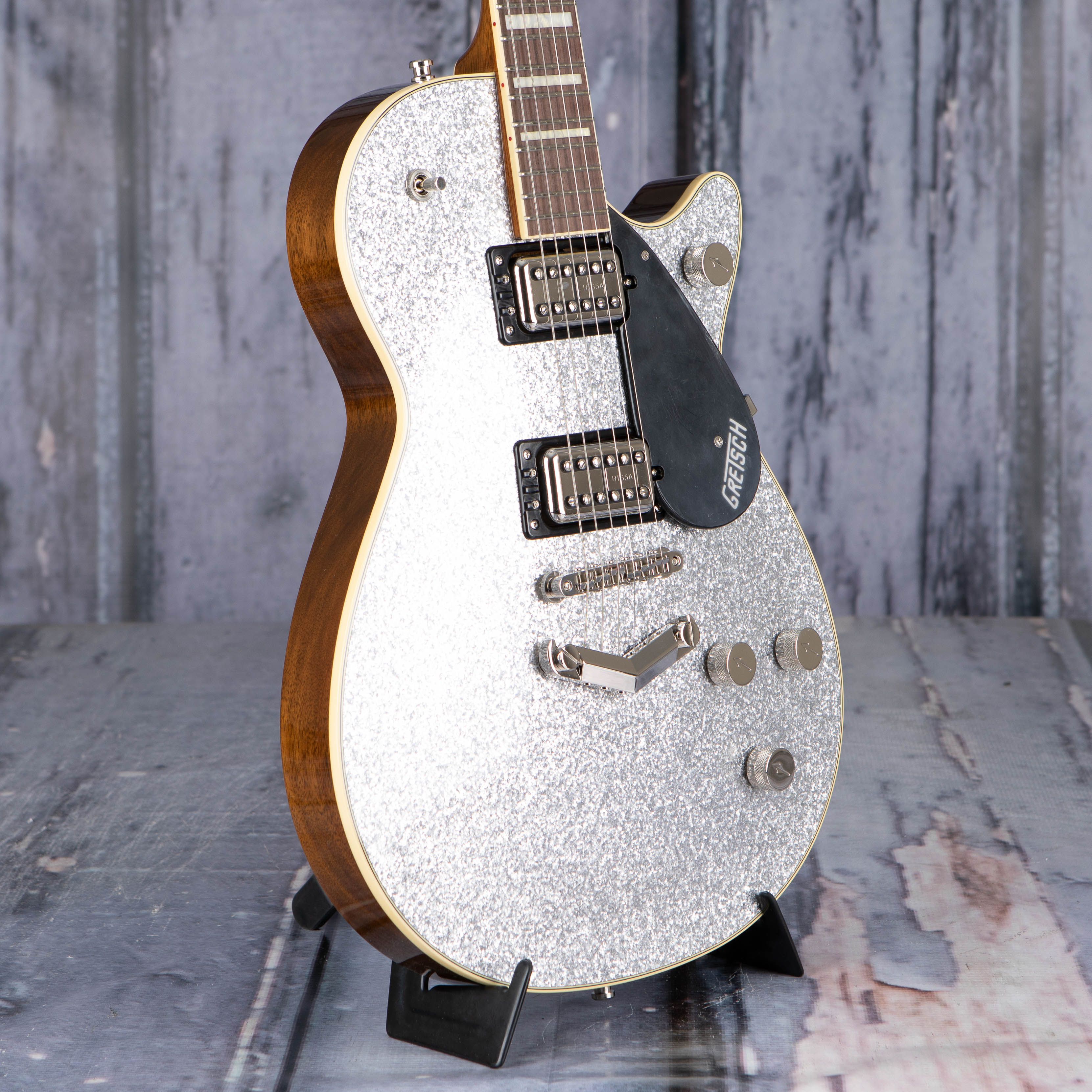 Gretsch G6229 Players Edition Jet BT w/ V-Stoptail Electric Guitar, Silver Sparkle, angle