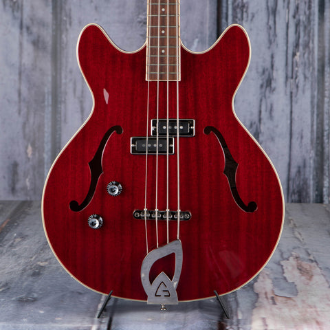 Guild Starfire I Left-Handed Hollowbody Bass Guitar, Cherry Red, front closeup