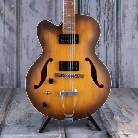 Ibanez Artcore AF55 Left-Handed Hollowbody Guitar, Tobacco Flat, front closeup