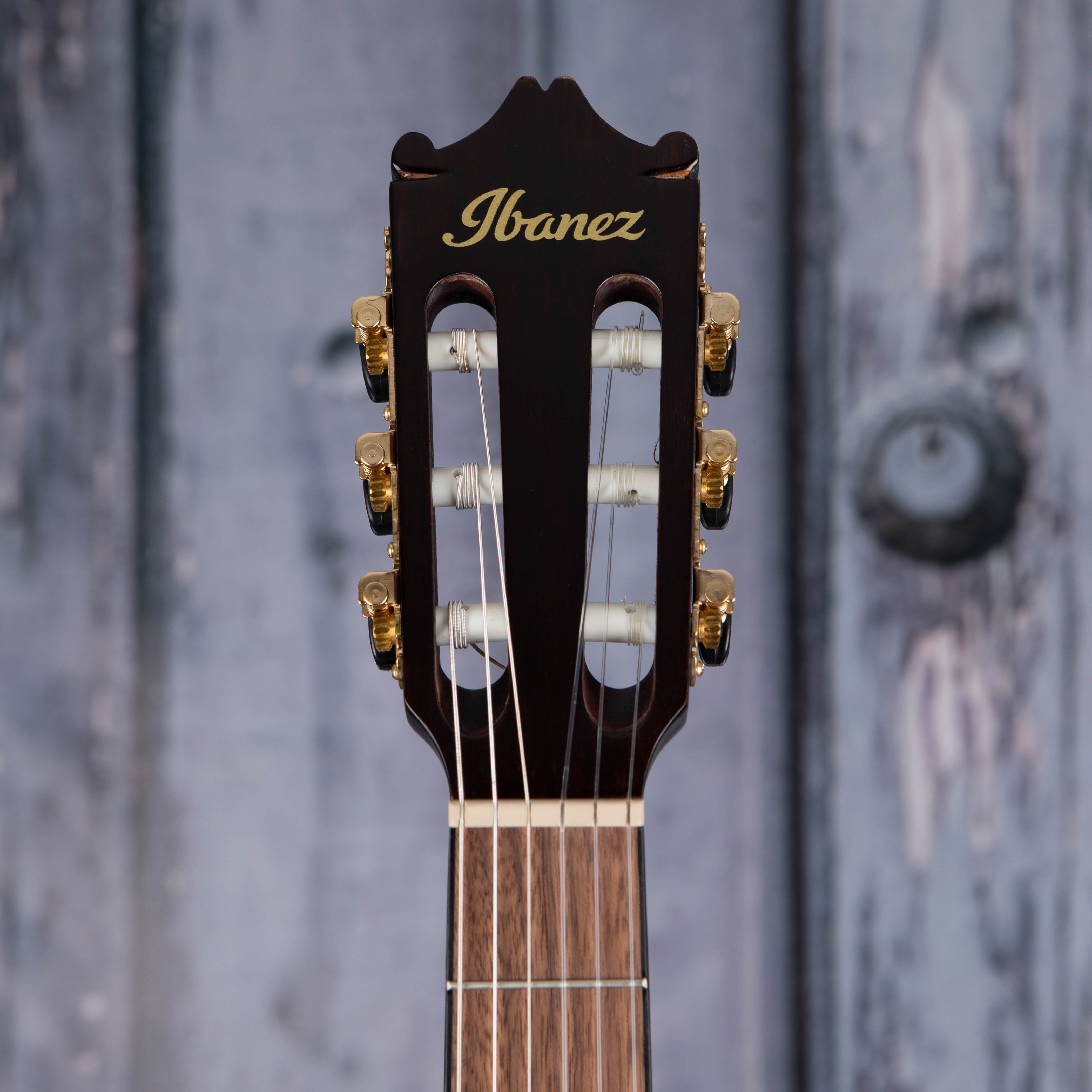 Ibanez GA35TCE Thinline Classical Acoustic/Electric Guitar, Dark Violin Sunburst, front headstock