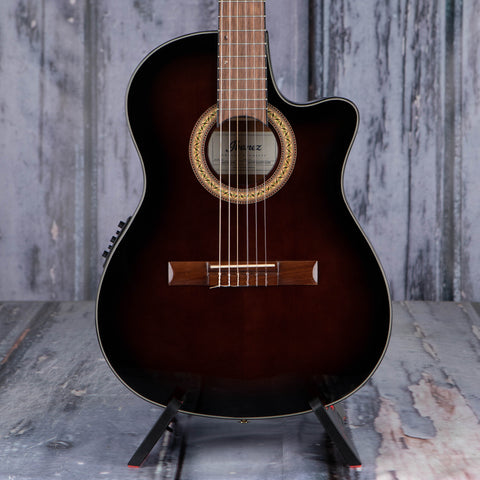 Ibanez GA35TCE Thinline Classical Acoustic/Electric Guitar, Dark Violin Sunburst, front closeup