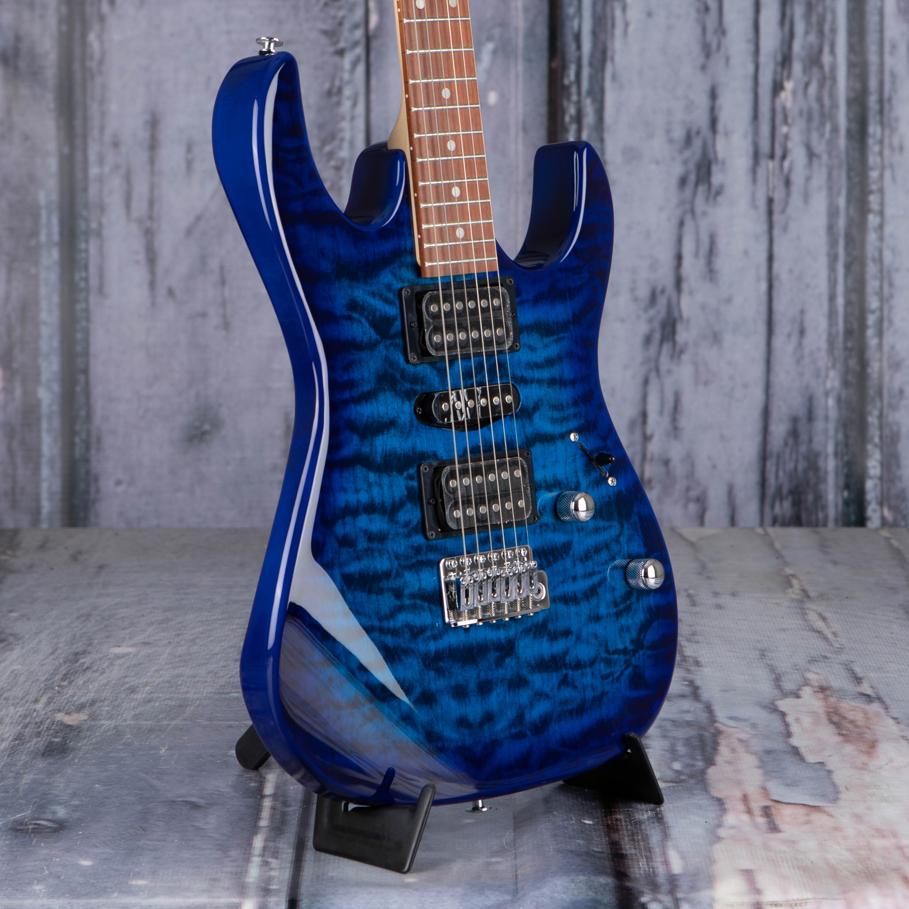 Ibanez Gio GRX70QA Electric Guitar, Transparent Blue Burst, angle