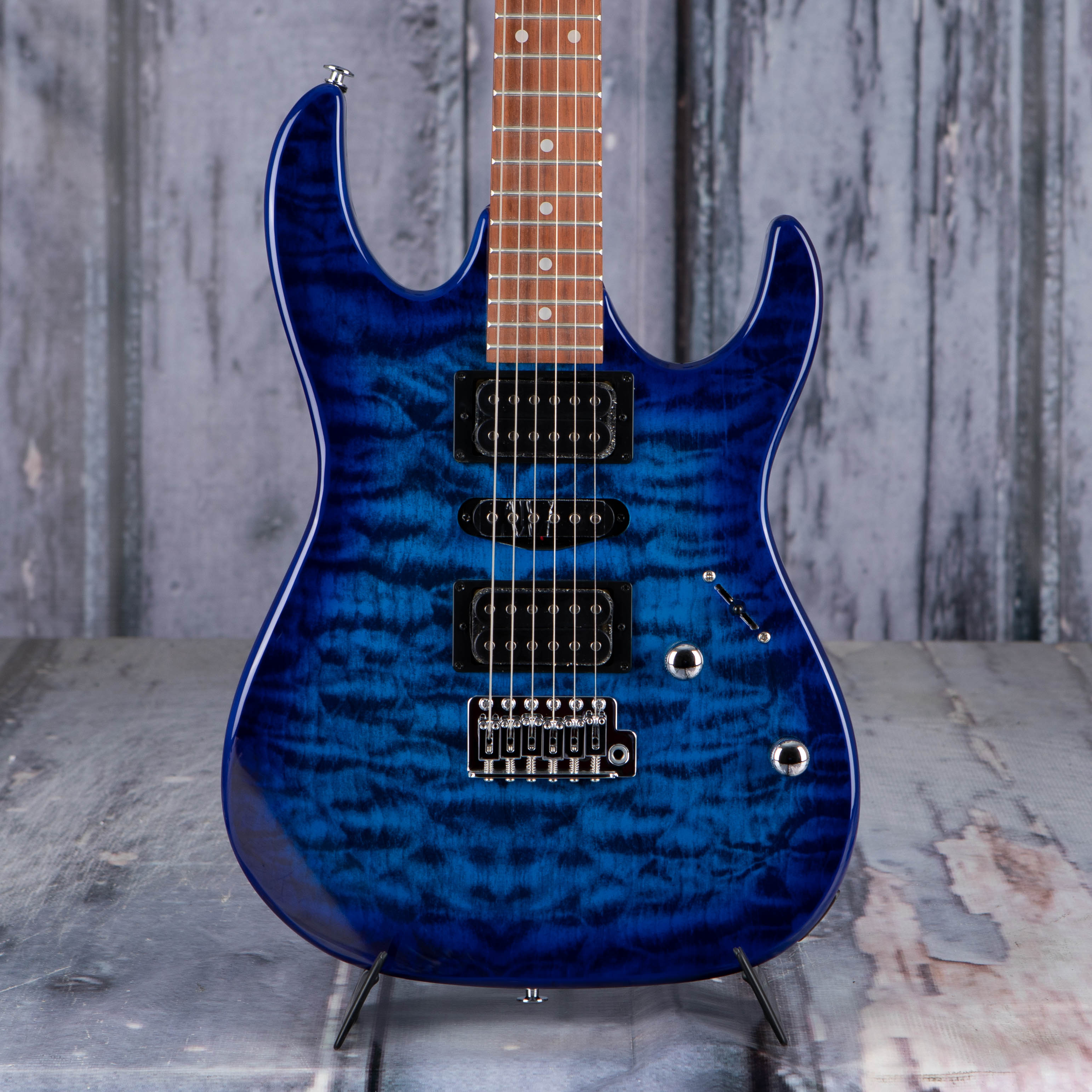 Ibanez Gio GRX70QA Electric Guitar, Transparent Blue Burst, front closeup