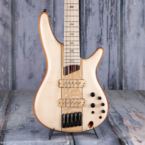 Ibanez Premium SR5FMDX2 5-String Electric Bass Guitar, Natural Low Gloss, front closeup