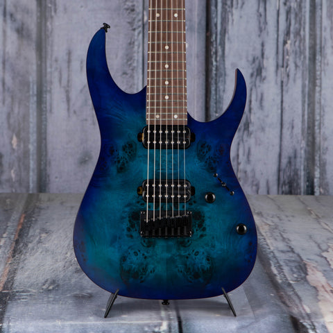 Ibanez RG7421PB 7-String Electric Guitar, Saphhire Blue Flat, front closeup