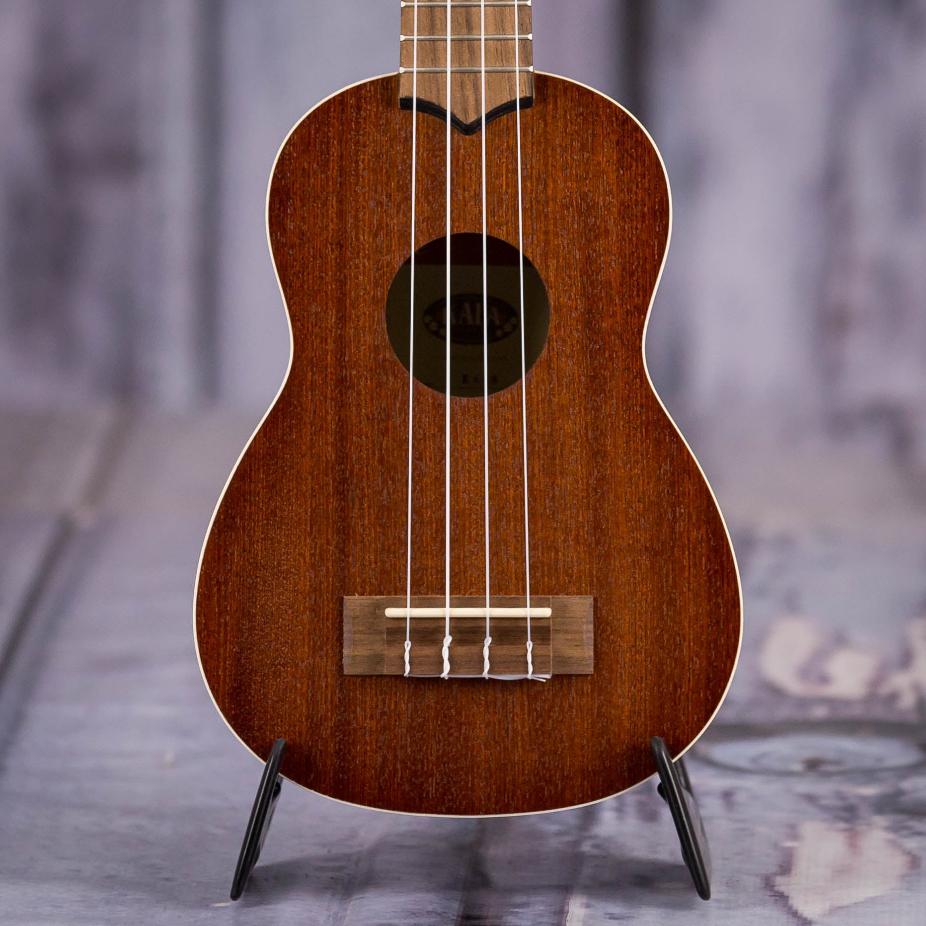 Kala KA-S Satin Mahogany Soprano Ukulele, Natural, front closeup