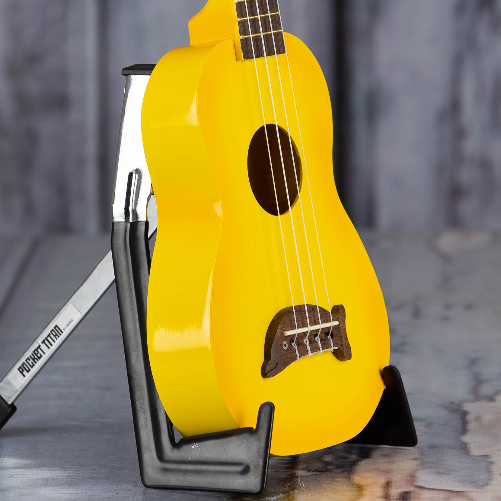 Kala MK-SD Makala Soprano Dolphin Ukulele, Yellow Burst, angle