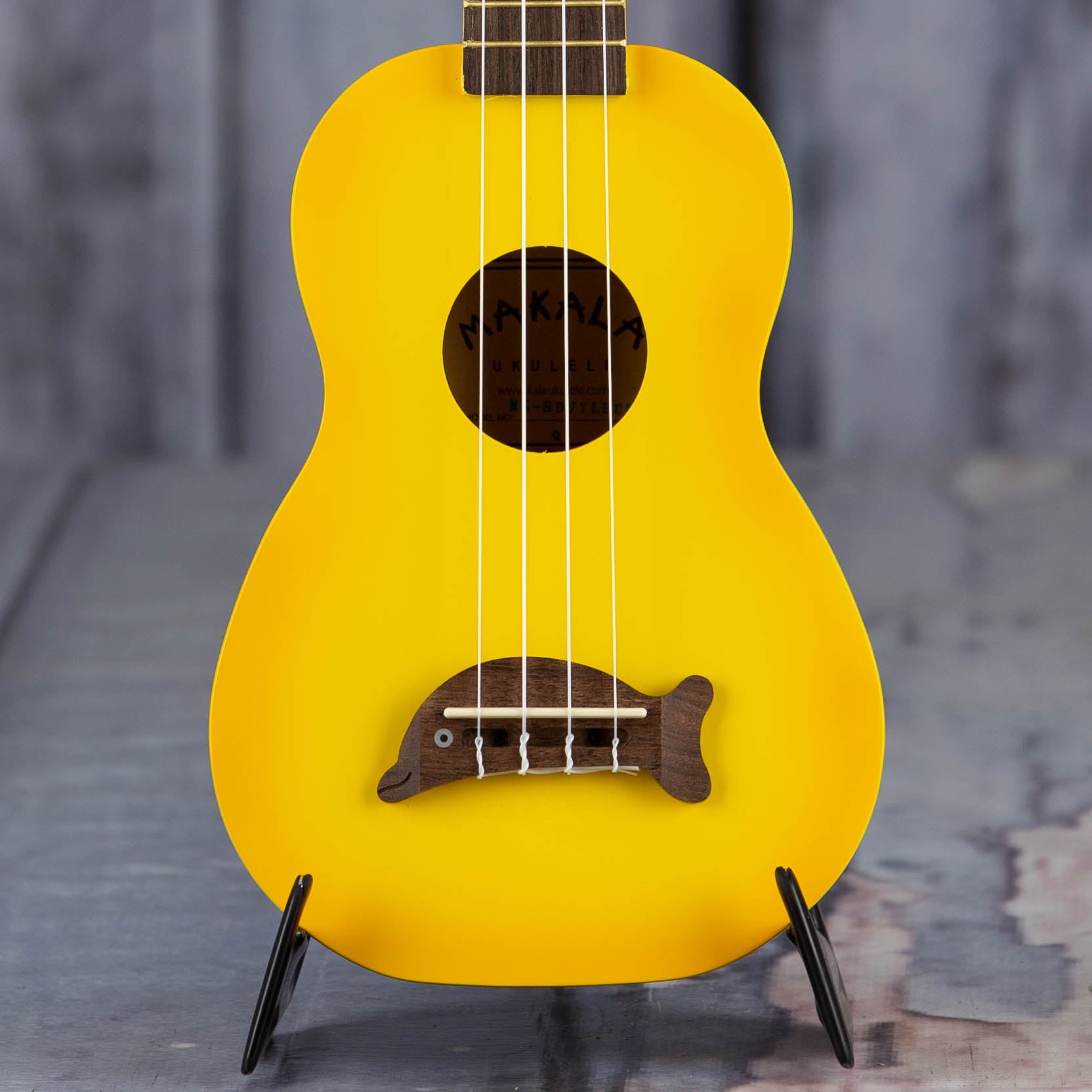 Kala MK-SD Makala Soprano Dolphin Ukulele, Yellow Burst, front closeup