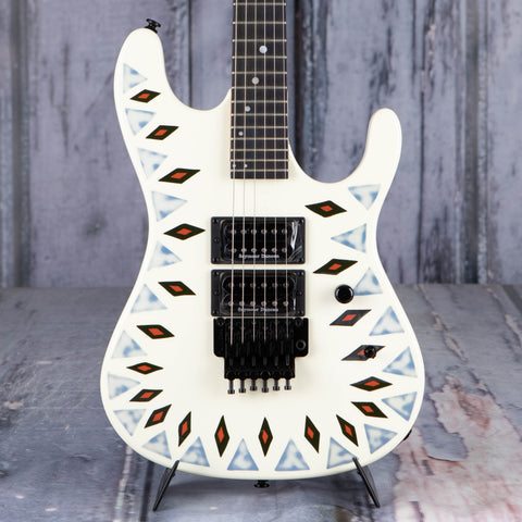 Kramer NightSwan Electric Guitar, Vintage White With Aztec Graphics, front closeup