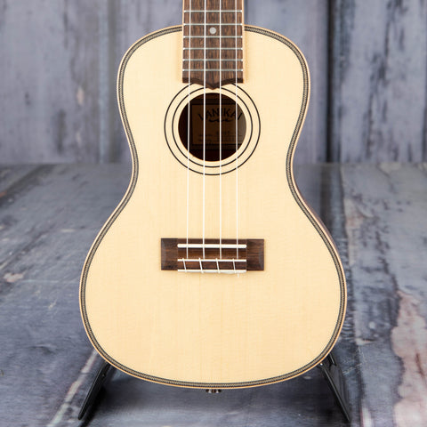 Lanikai Spruce Solid Top Morado Back Concert Ukulele, Natural, front closeup