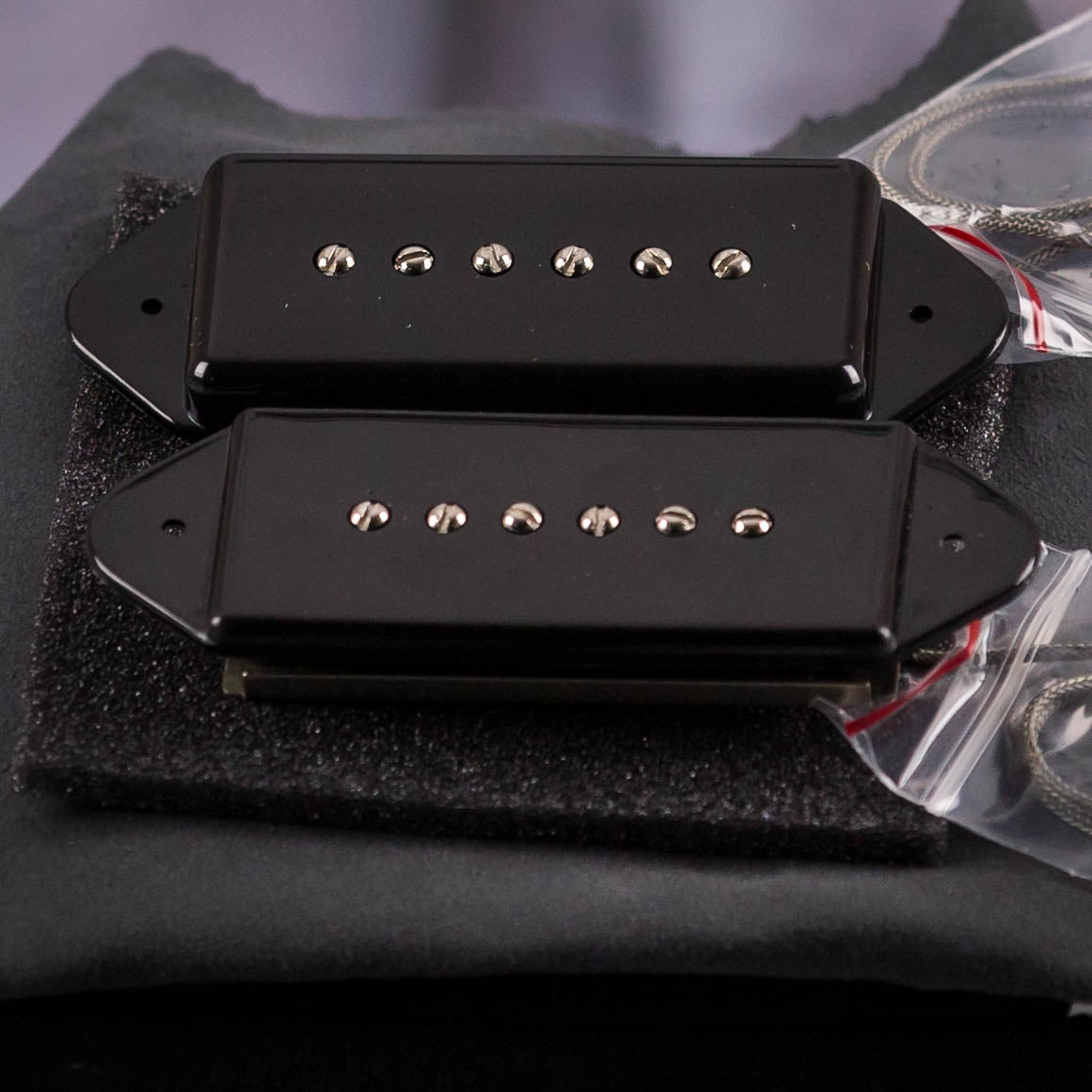 Lollar P-90 Dogear Neck & Bridge Pickup Set, Black, front closeup