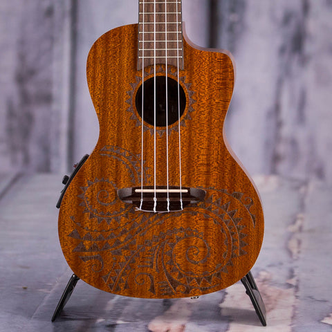 Luna Tattoo Concert Mahogany Acoustic/Electric Ukulele, Satin Natural, front closeup
