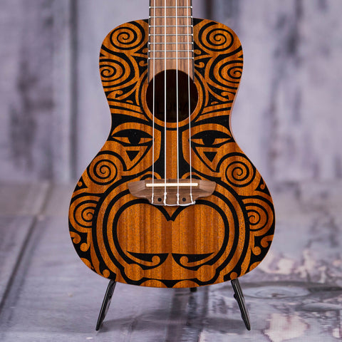 Luna Tribal Concert Mahogany Ukulele, Satin Natural, front closeup