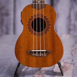 Luna Vintage Mahogany Soprano Acoustic/Electric Ukulele, Satin Natural, front closeup