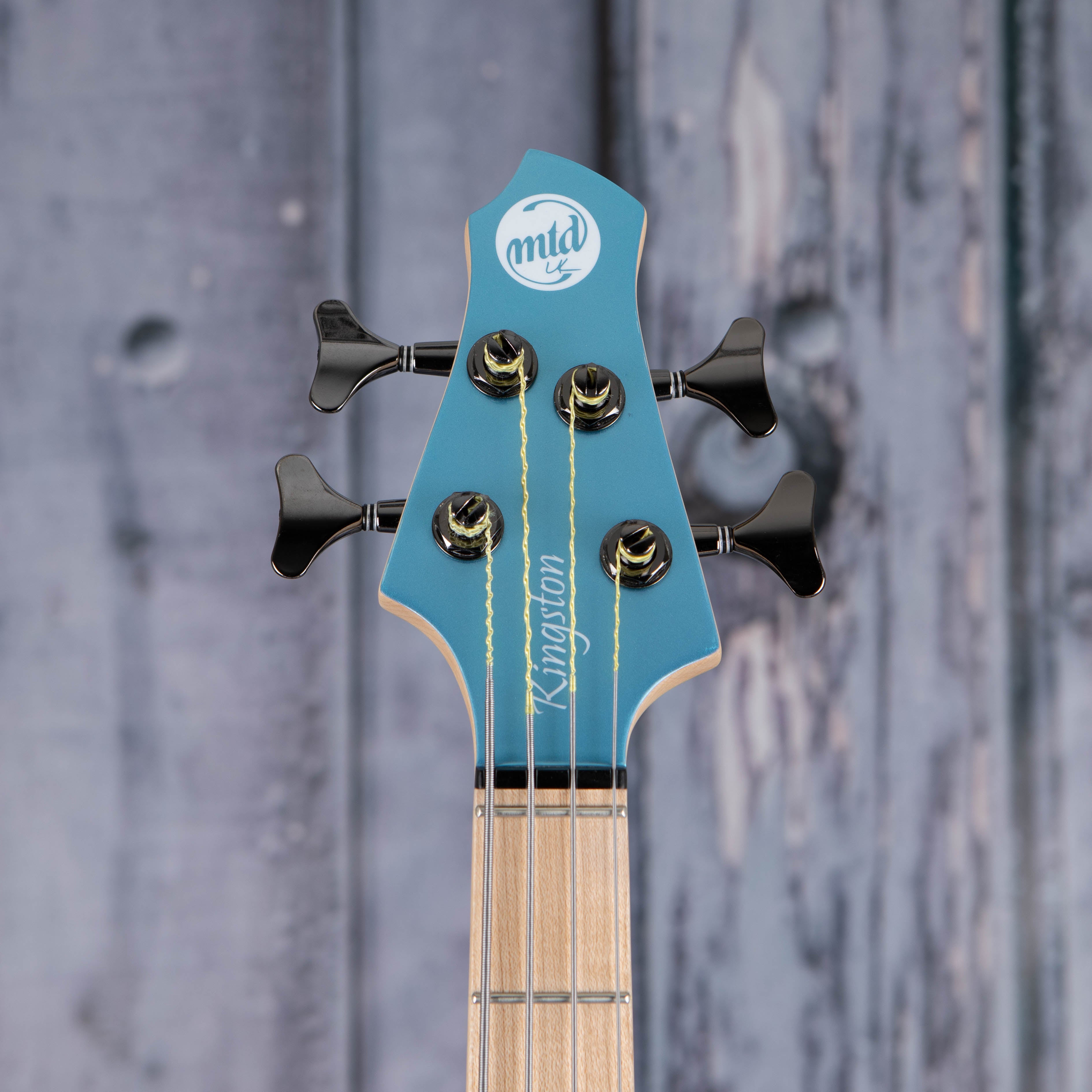 MTD Lynn Keller Signature 432-24 Electric Bass Guitar, Lake Placid Blue, front headstock