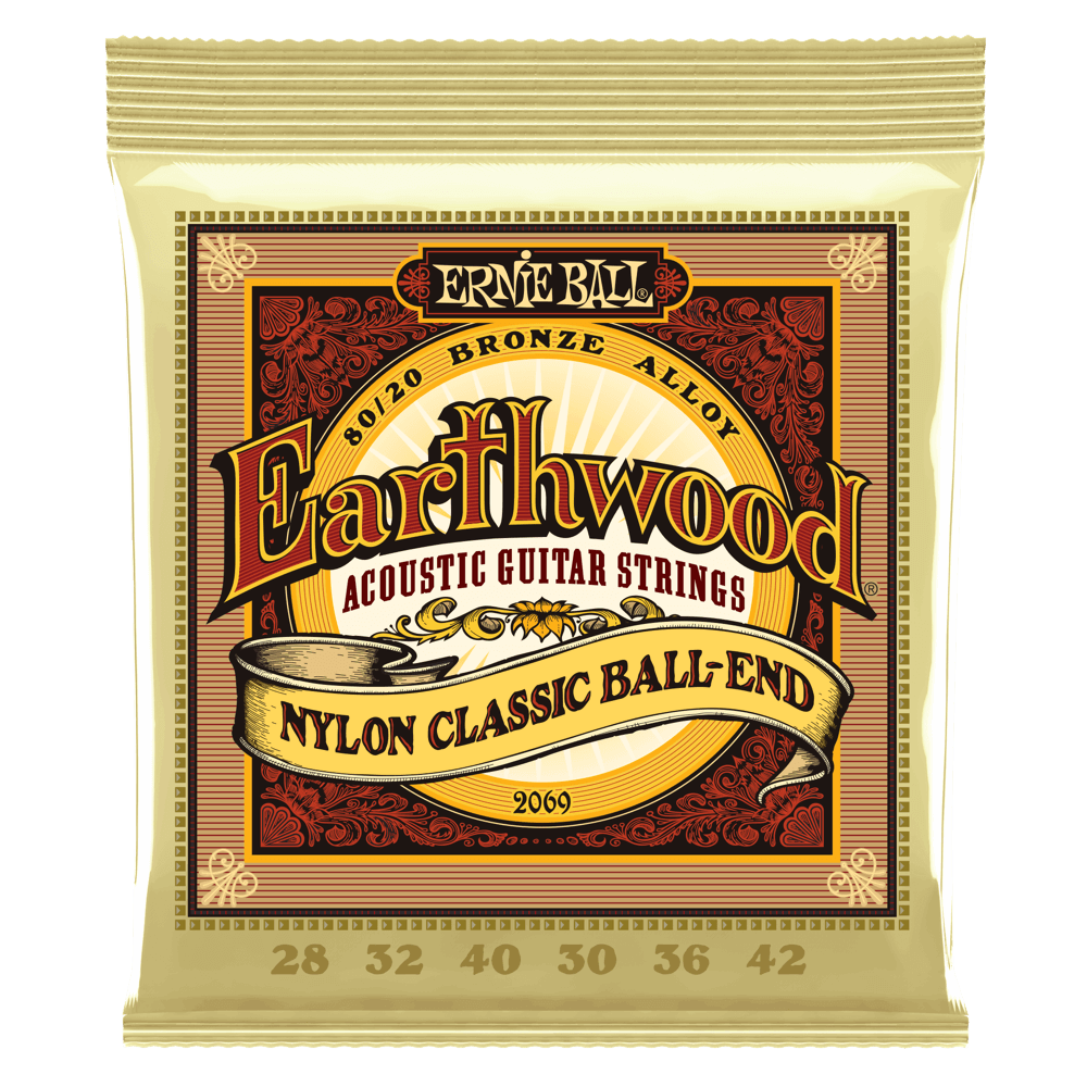 Ernie Ball EARTHWOOD FOLK NYLON, CLEAR & GOLD BALL END, 80/20 BRONZE ACOUSTIC GUITAR STRINGS