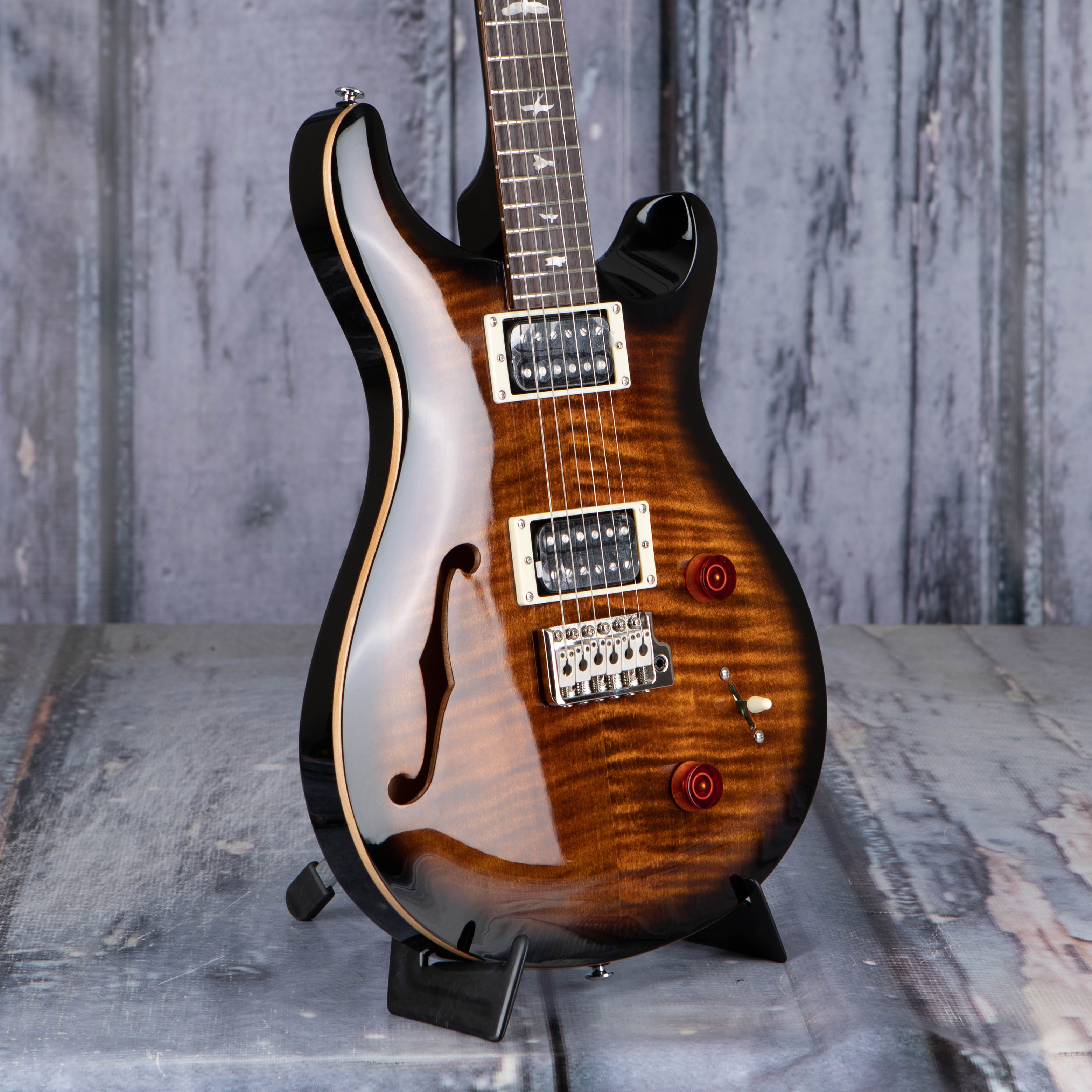 Paul Reed Smith SE Custom 22 Semi-Hollow Electric Guitar, Black Gold Sunburst, angle