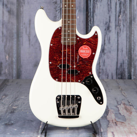 Squier Classic Vibe '60s Mustang Bass Guitar, Olympic White, front closeup