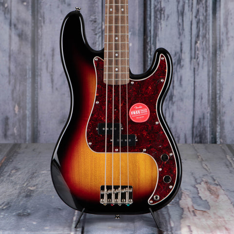 Squier Classic Vibe '60s Precision Bass Guitar, 3-Color Sunburst, front closeup