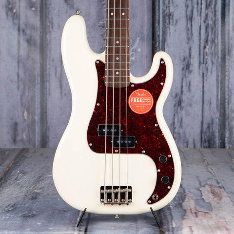 Squier Classic Vibe '60s Precision Bass Guitar, Olympic White, front closeup