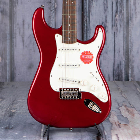 Squier Classic Vibe '60s Stratocaster Electric Guitar, Candy Apple Red, front closeup