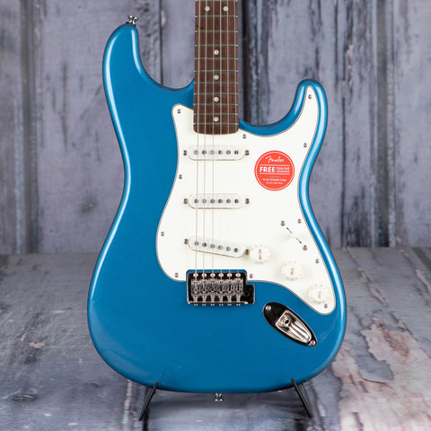 Squier Classic Vibe '60s Stratocaster Electric Guitar, Lake Placid Blue, front closeup