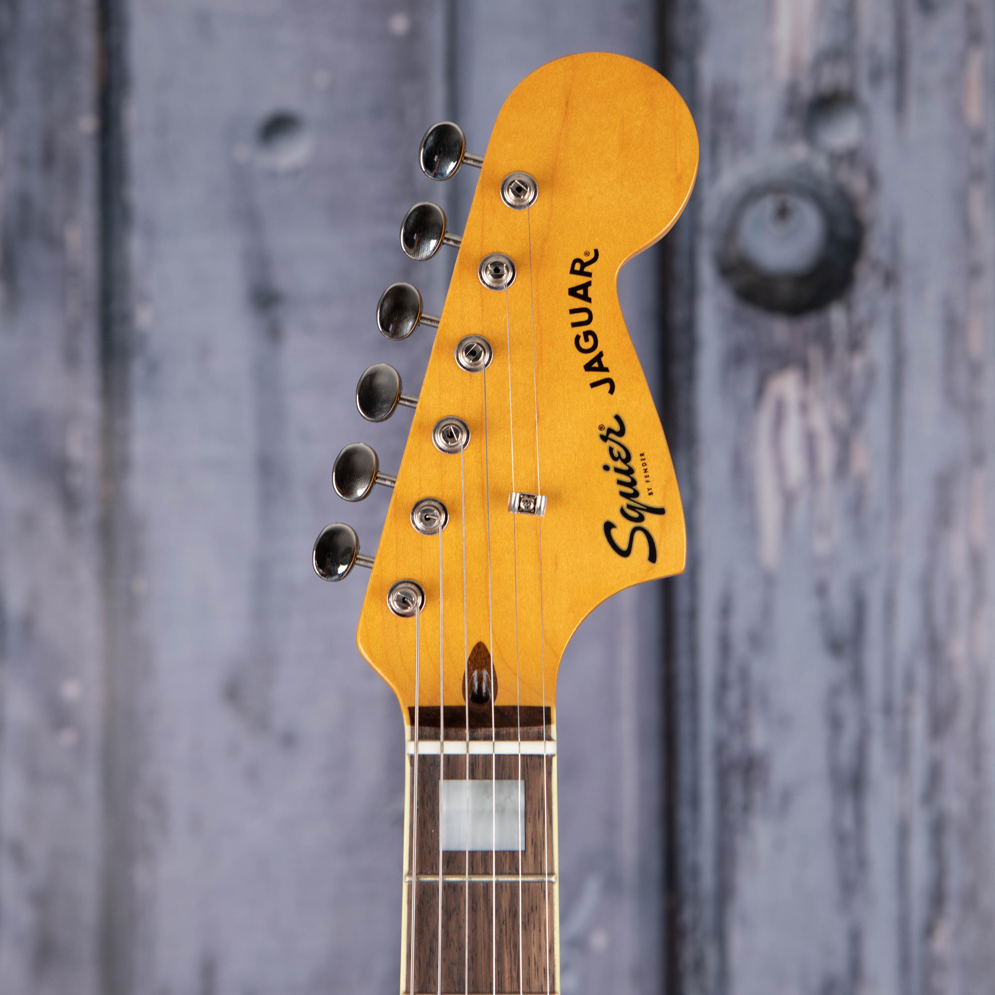 Squier Classic Vibe '70s Jaguar Electric Guitar, Black, front headstock