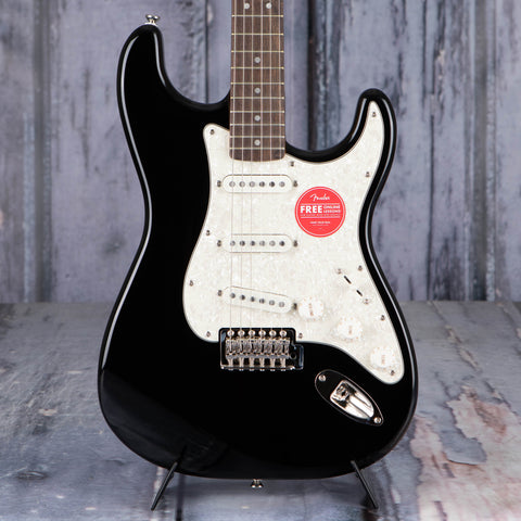 Squier Classic Vibe '70s Stratocaster Electric Guitar, Black, front closeup