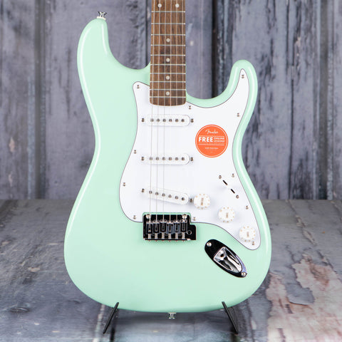 Squier FSR Affinity Series Stratocaster Electric Guitar, Surf Green, front closeup