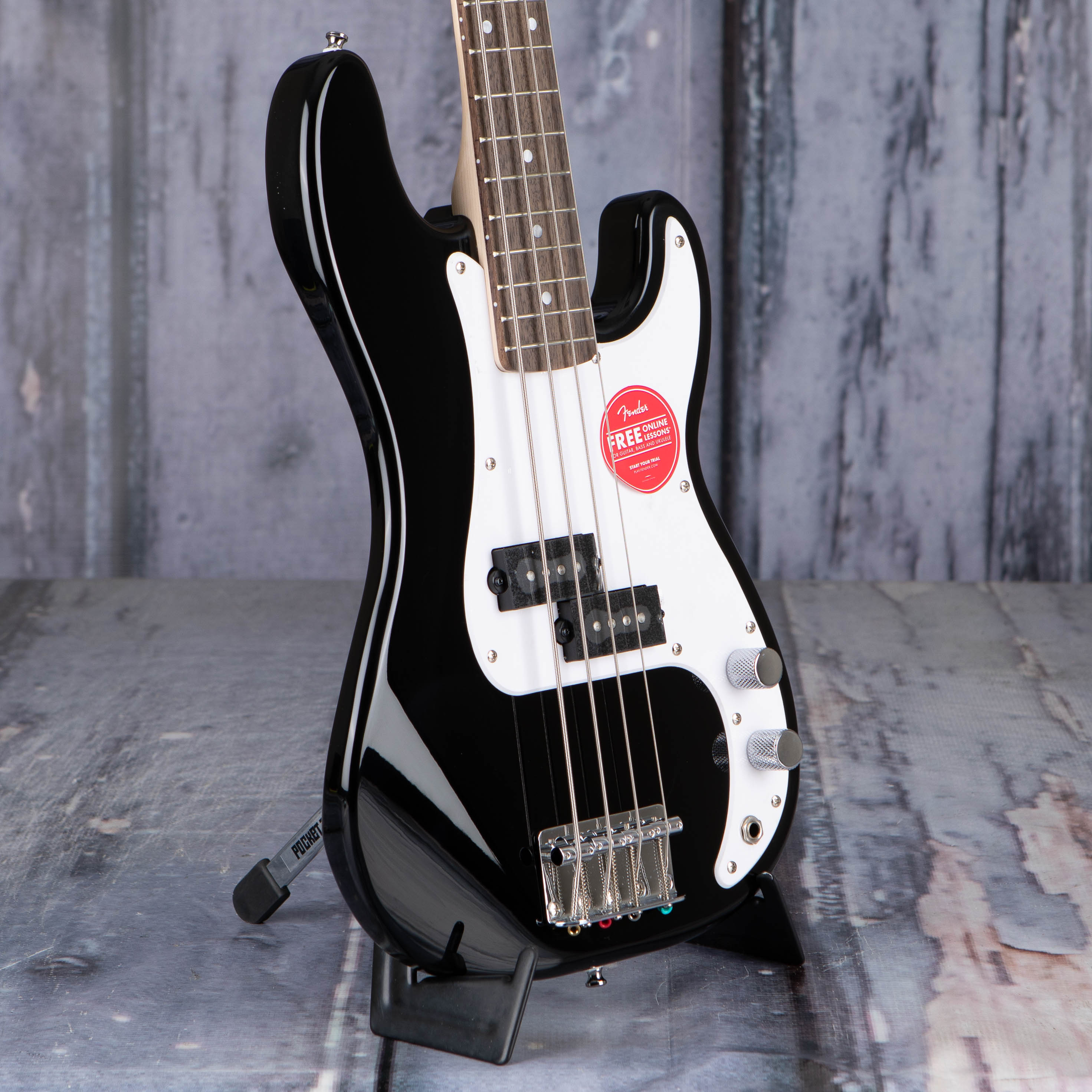 Squier Mini Precision Bass Guitar, Black, angle