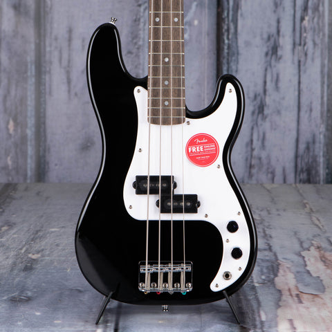 Squier Mini Precision Bass Guitar, Black, front closeup
