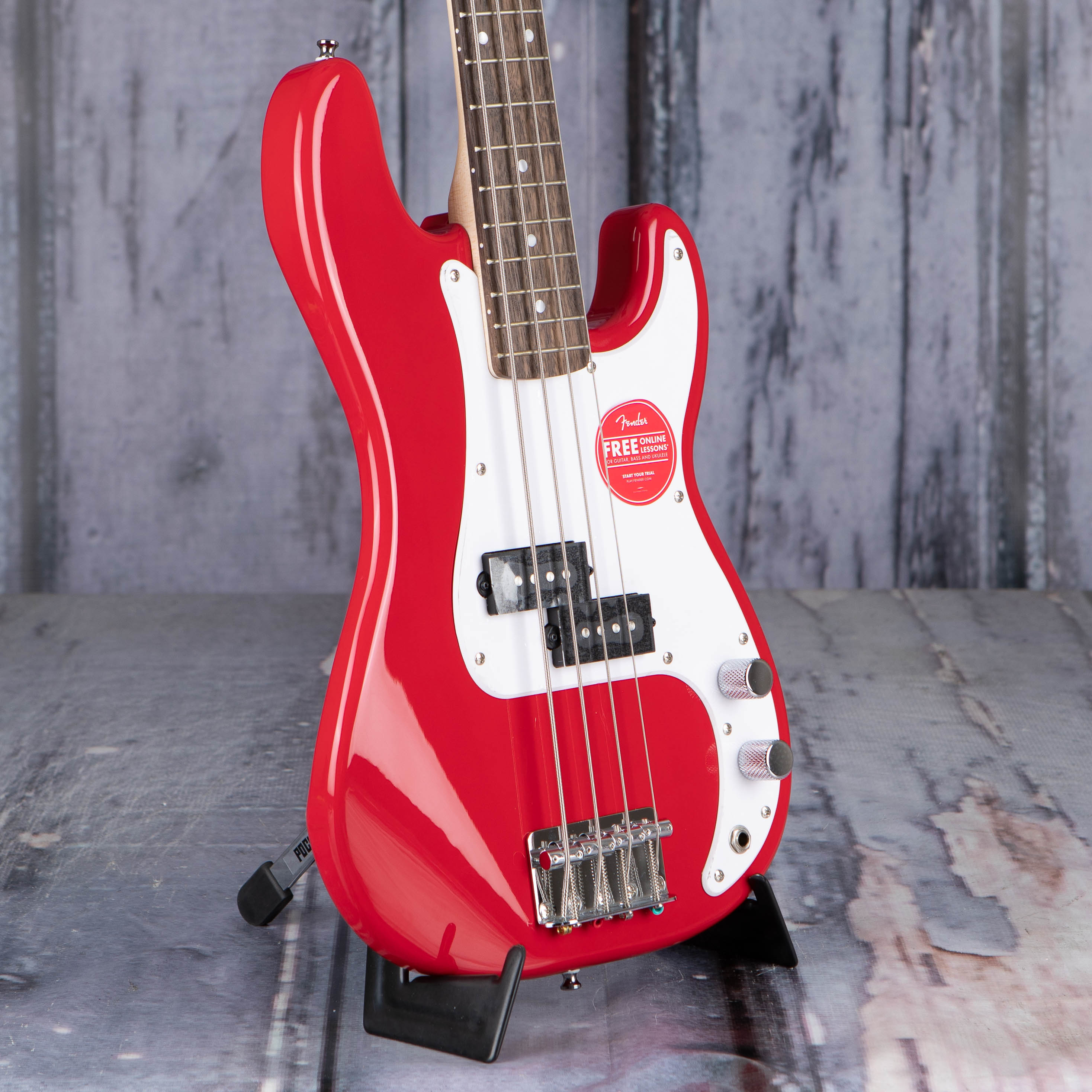 Squier Mini Precision Bass Guitar, Dakota Red, angle