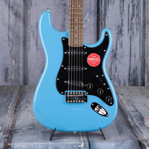 Squier Sonic Stratocaster Electric Guitar, California Blue, front closeup