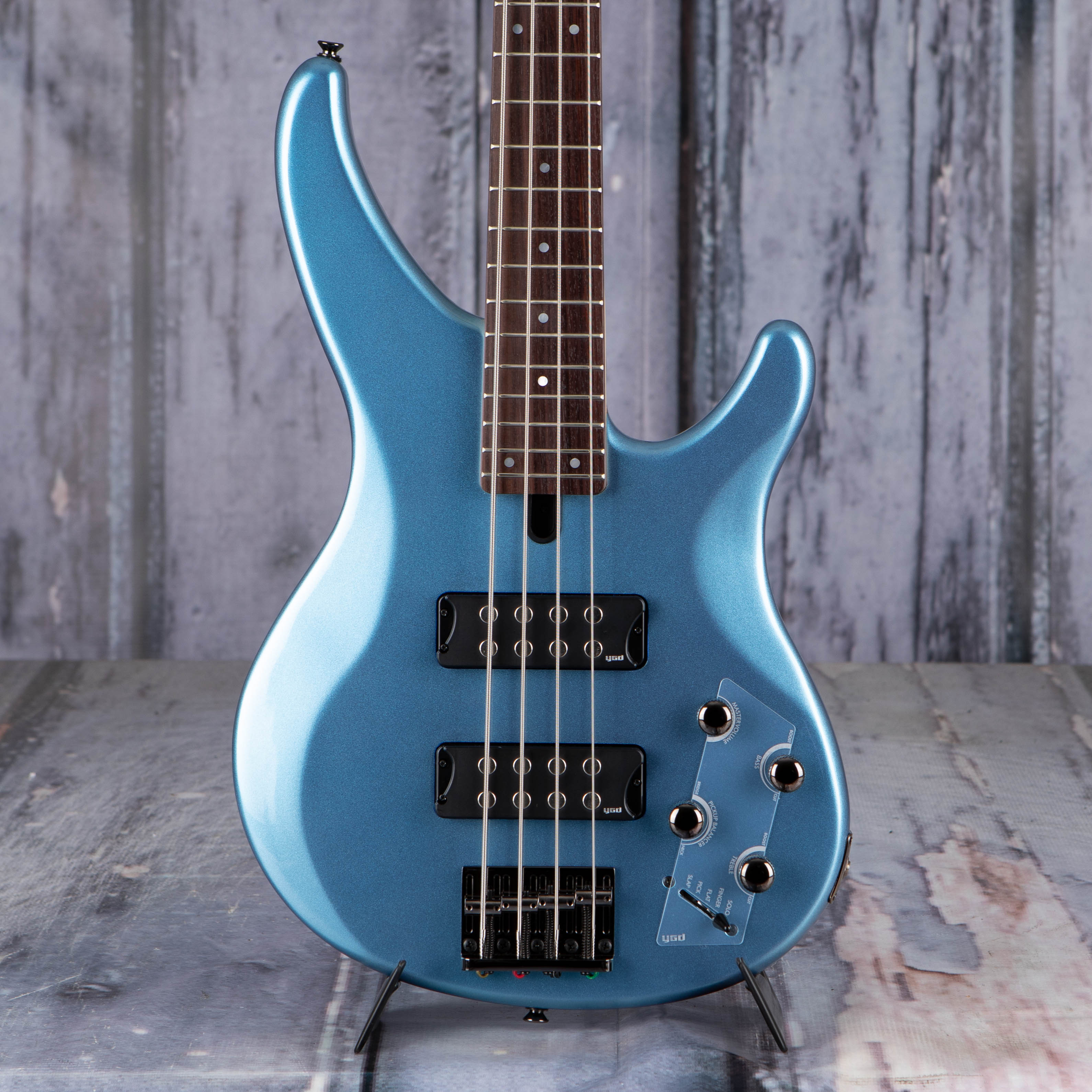 Yamaha TRBX304 Electric Bass Guitar, Factory Blue, front closeup