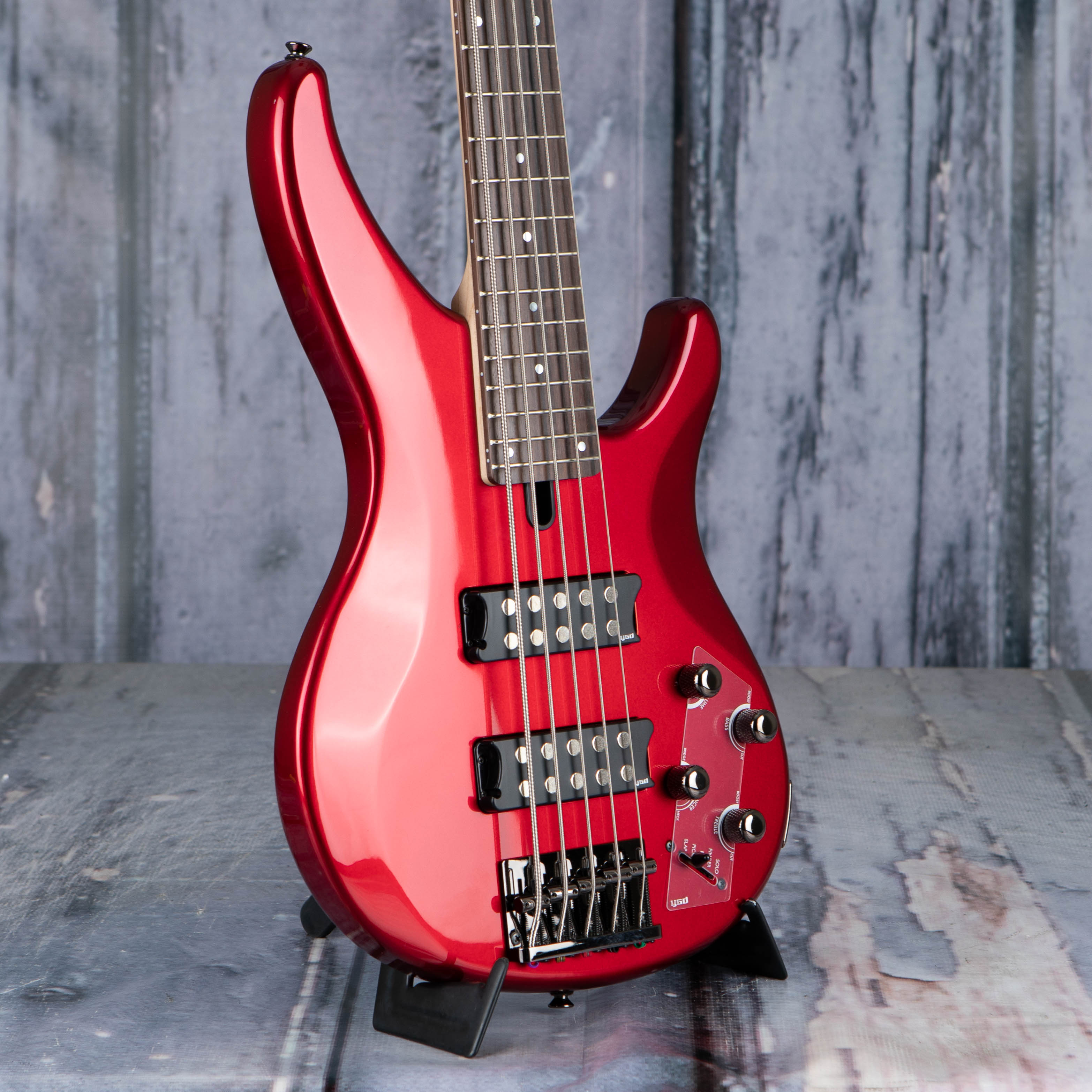 Yamaha TRBX305 5-String Electric Bass Guitar, Candy Apple Red, angle