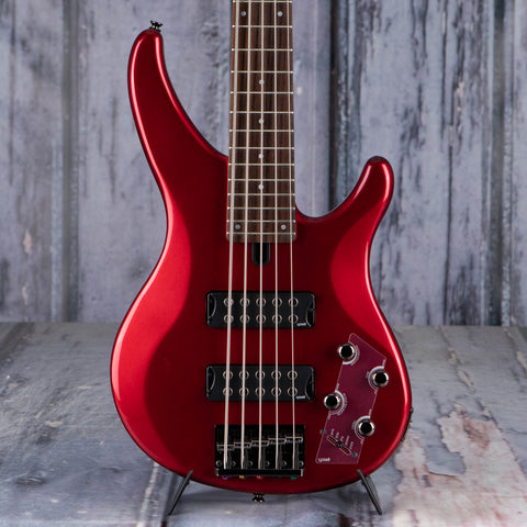 Yamaha TRBX305 5-String Electric Bass Guitar, Candy Apple Red, front closeup