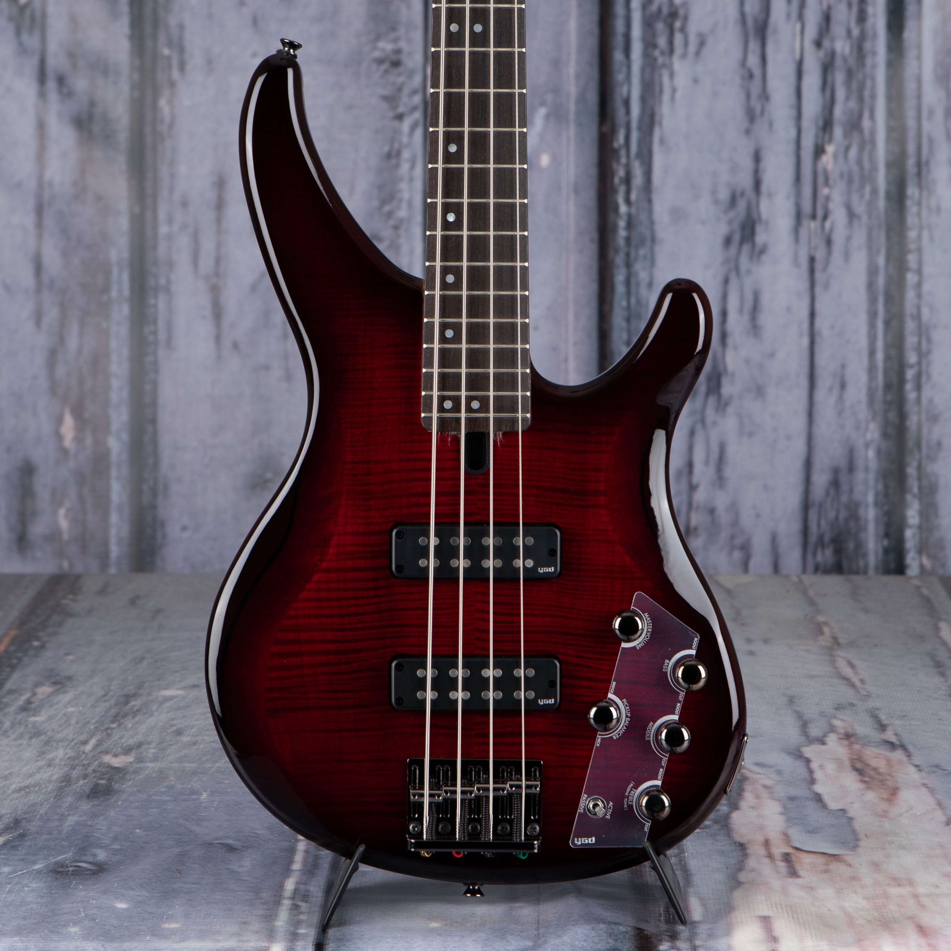 Yamaha TRBX604FM Electric Bass Guitar, Dark Red Burst, front closeup