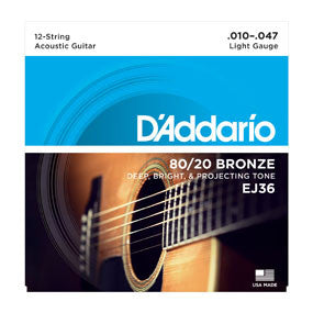 D'Addario EJ36 80/20 12-String Bronze Acoustic Guitar Strings, Light, 10-47